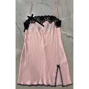 Victoria Secret Sz S Rare Pink Lace Trim Chemise Nightgown Side Slit Bow Y2K 118
